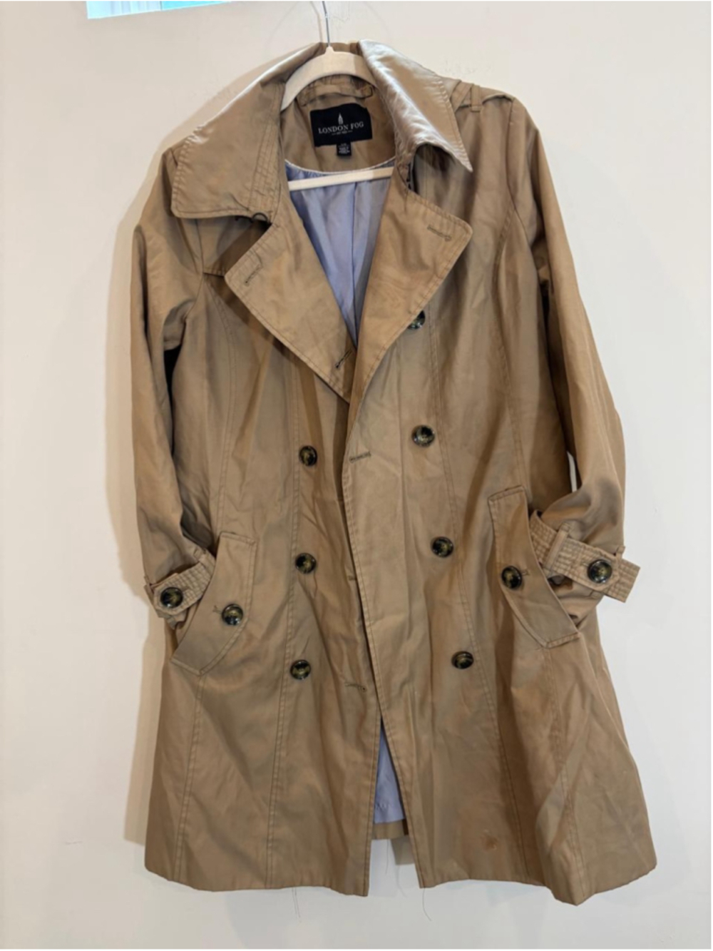 Women's London Fog Trench Coat Size L Beige Double Breasted Hooded #C52